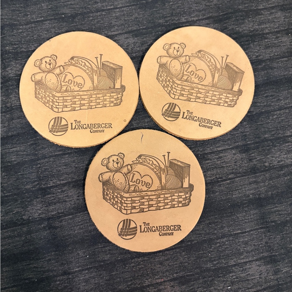 Longaberger Tan Leather Coasters - Set of 3 - Vintage